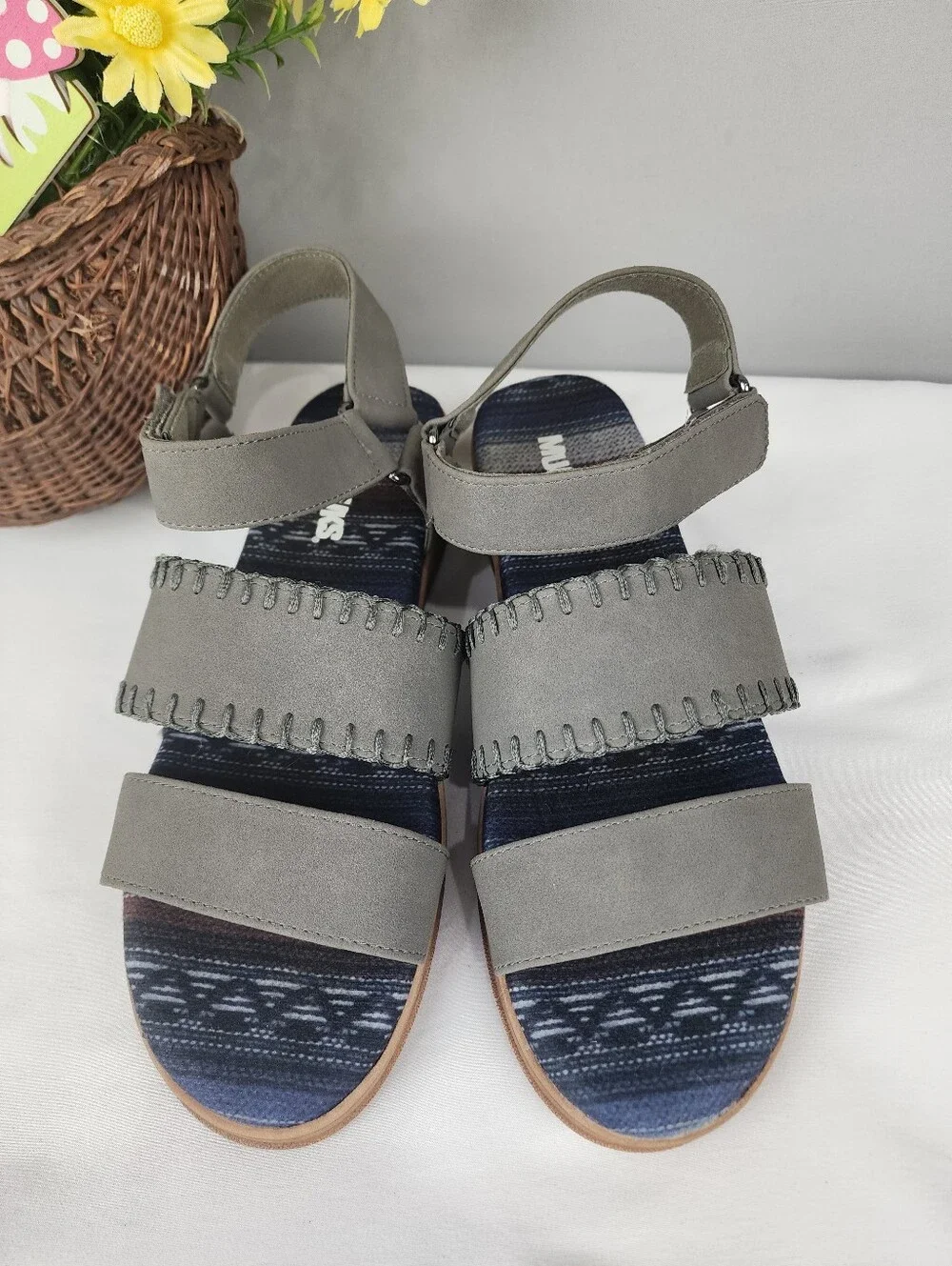 Muk Luks Sandals - Grey Blue With Velcro Strap Sz 10